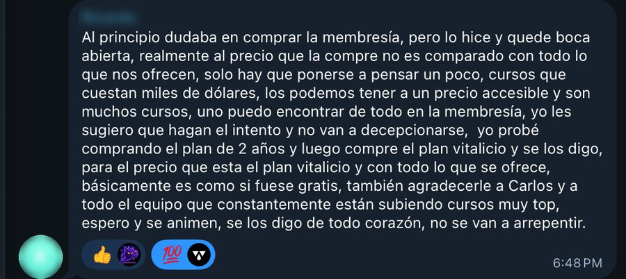 Reseña de un miembro de la Membresía VIP en el grupo de Telegram
