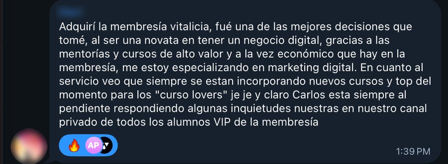 Reseña de un miembro de la Membresía VIP en el grupo de Telegram